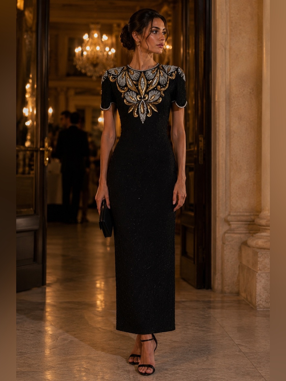Vintage Silk Beaded Art Deco Formal Gown | Black Gold Sequin Glam